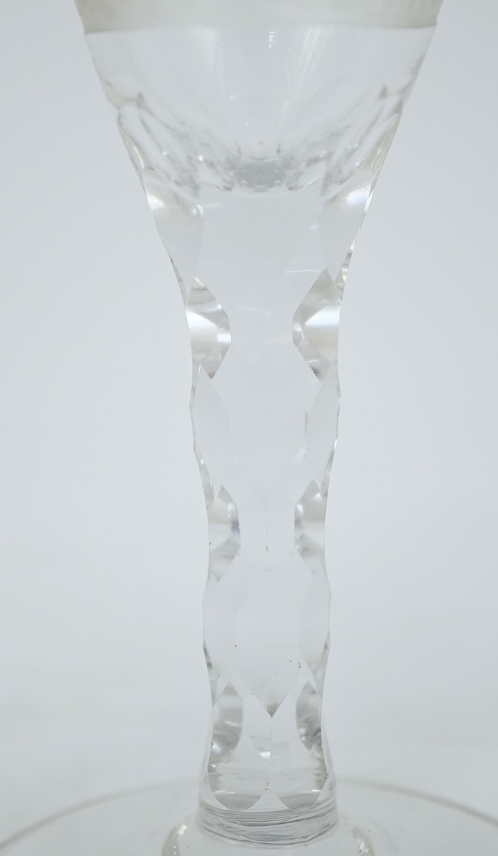 Two faceted wine glasses, engraved with hunting scenes, c.1780